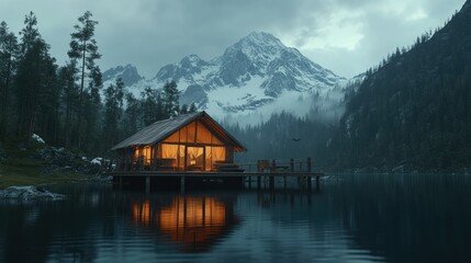 Fototapeta premium Lakeside cabin glows warmly at mountain lake
