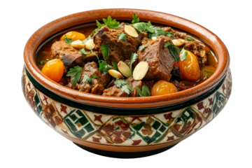 Moroccan lamb tagine with apricots and almonds isolated on transparent white background