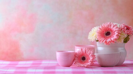 Professional image of various pink items placed on pink plaid table for stylish interior design and home decoration projects