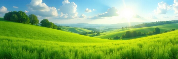 Vibrant green meadow, rolling hills, sunlit landscape, spring, hills, farm
