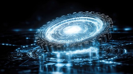 Obraz premium Glowing gear on a circuit board. Technology concept for innovation, automation, machine, and industry
