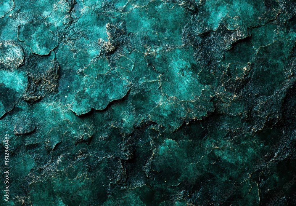 Poster abstract texture of weathered turquoise green metallic surface with intricate patterns, natural corr