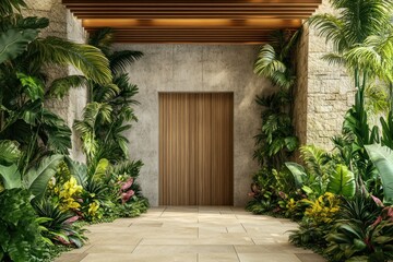 Tropical entryway with wooden door and lush plants.