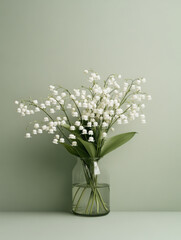 A bouquet of lily of the valley flowers in a glass vase