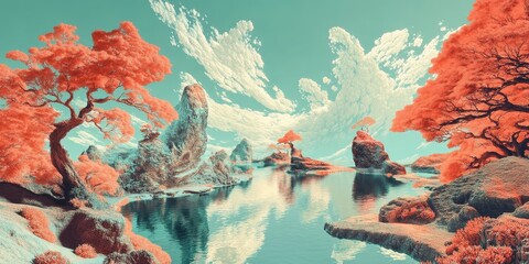 Fototapeta premium Artistic landscape featuring water rocks trees and sky with clouds