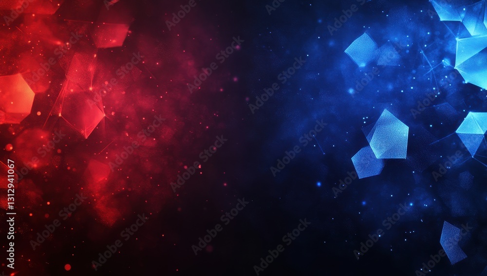 Poster abstract vibrant red and blue backgrounds with sparkling lights and geometric shapes creating a mode