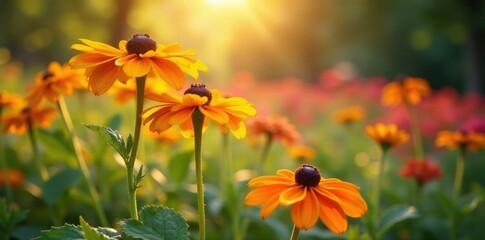 Sun-drenched rudbeckia and verbena in a late summer garden scene , detail, stock photo, nature