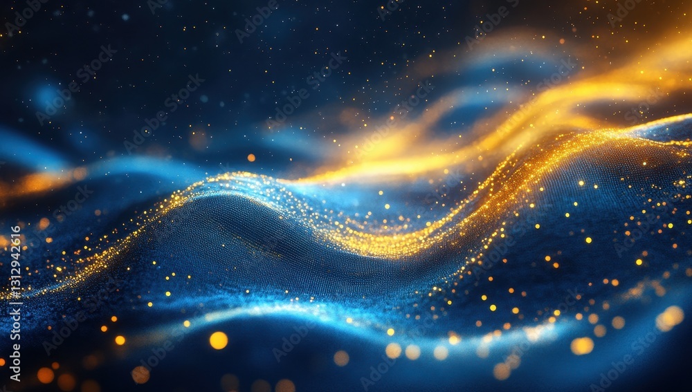 Poster Abstract wave patterns in blue and gold colors creating a mesmerizing visual effect with glowing particles and soft lighting in a digital style
