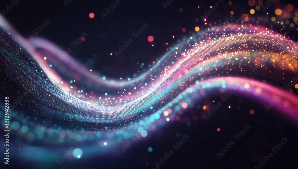 Poster Abstract wave patterns with luminous particles in vibrant colors creating a dynamic and mesmerizing visual effect suitable for background or design use