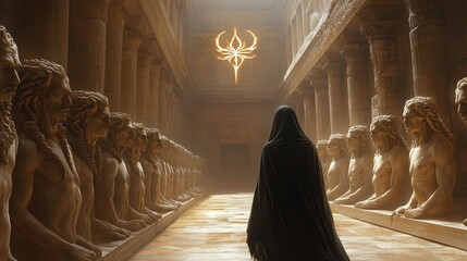 Mysterious figure in ancient temple setting.