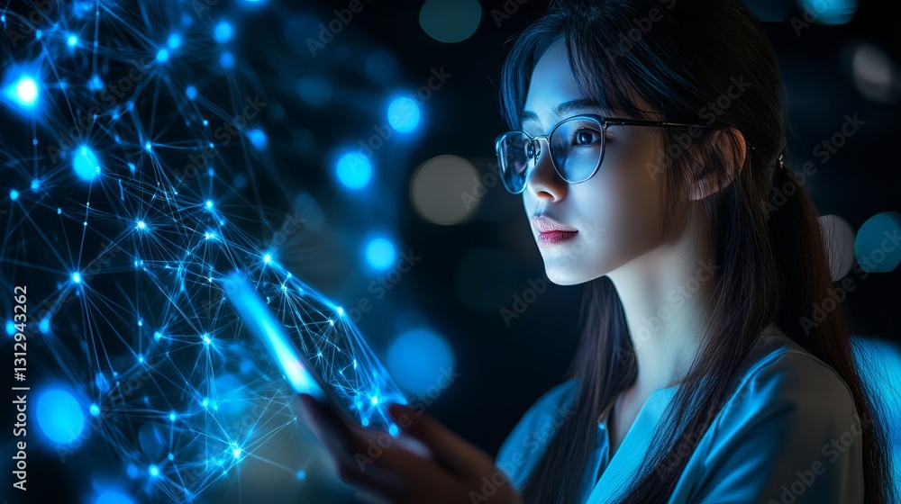 Aufkleber woman using smartphone futuristic blue network technology digital connection modern interface innova