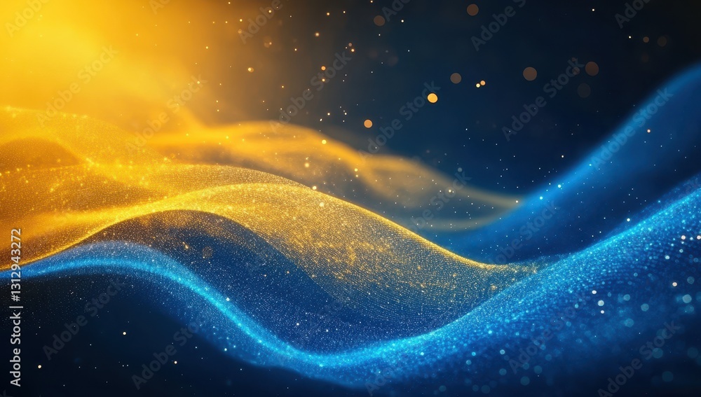 Poster Abstract waves of golden and blue light create a mesmerizing gradient effect with sparkling particles in a digital art scene of flowing colors and light patterns