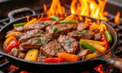 Grilled steak and vegetables on fire