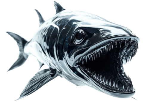 Shiny fish model with visible teeth displaying aggressive expression on white background