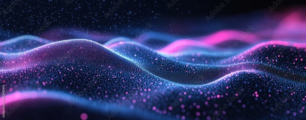 Poster abstract waves of light with glowing particles in vibrant colors creating a dreamlike landscape of m