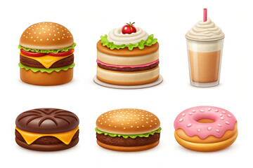 Delicious fast food burger, cake, milkshake, chocolate cookie, donut.