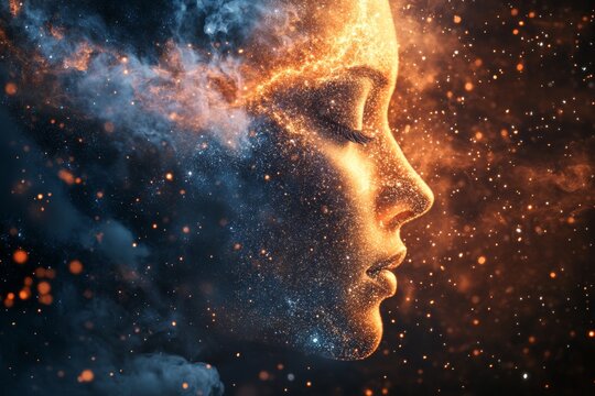 A woman's profile emerges from a captivating blend of cosmic colors and textures, evoking a sense of wonder and creativity in a dreamlike atmosphere