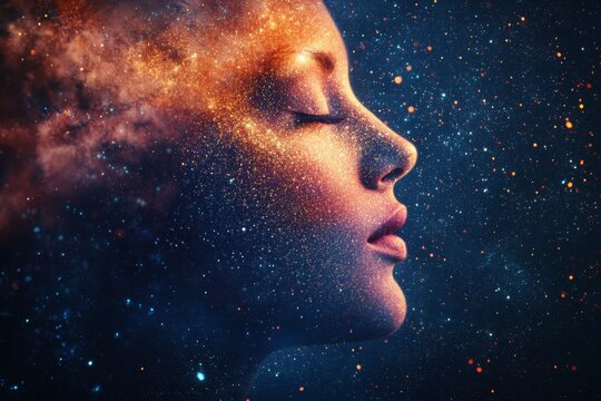 A serene face floats in a cosmic setting, with vibrant colors and starry patterns merging seamlessly with the features, evoking a sense of wonder and tranquility