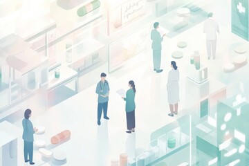 Medical staff collaborate in a contemporary laboratory, surrounded by pharmaceutical supplies and research equipment, enhancing healthcare solutions