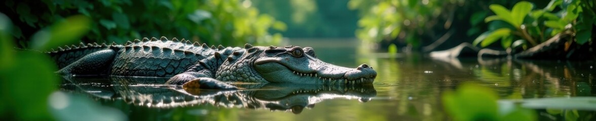 Obraz premium Giant alligator rests amid lush aquatic vegetation, sunlight filtering through , conservation, Louisiana