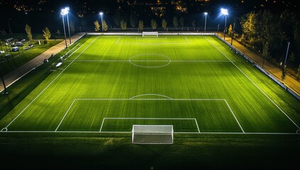 Aerial View of a Brightly Lit Soccer Field with Lush Green Grass and Clearly Marked Goals at Night in a Modern Sports Complex