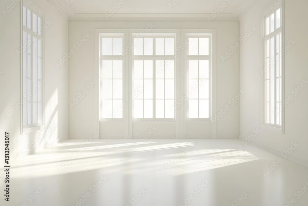 Poster sunlight pours into a spacious, empty room with white walls and large windows, creating a calm and i