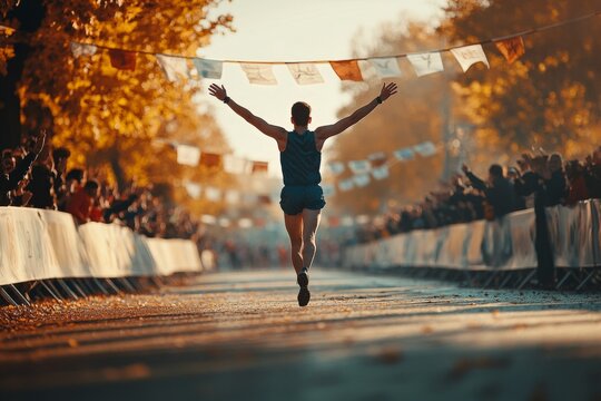 A runner crosses the finish line with arms raised in triumph as spectators cheer in a festive atmosphere. The event takes place in a colorful autumn setting