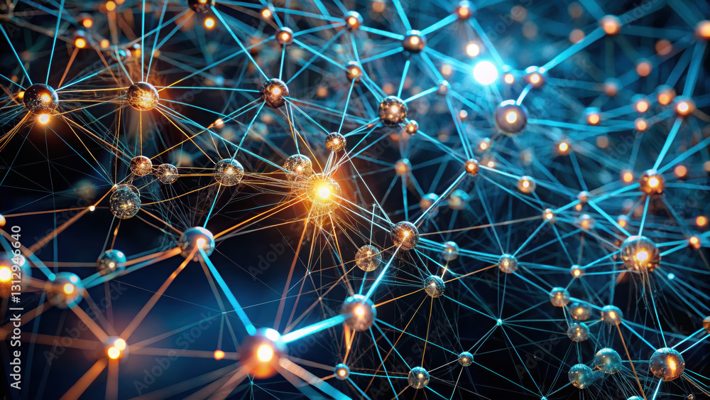 Poster neural network visualized with glowing nodes and interconnected lines