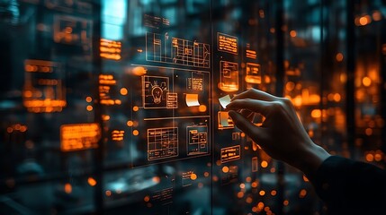 Hand Interacting With Glowing Orange And Blue Digital Interface Over Cityscape