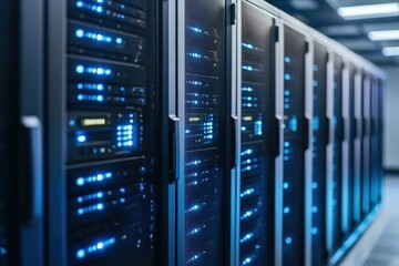 A Close-up View of Multiple High-Density Server Racks in a Modern Data Center, Showcasing Blue LED Display Lights and Advanced Technology Infrastructure