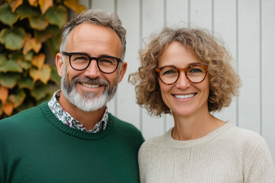 Happy middle-aged caucasian couple wearing glasses smiling at the camera, stylish mature european man with gray beard and woman with curly hair standing outdoors in autumn