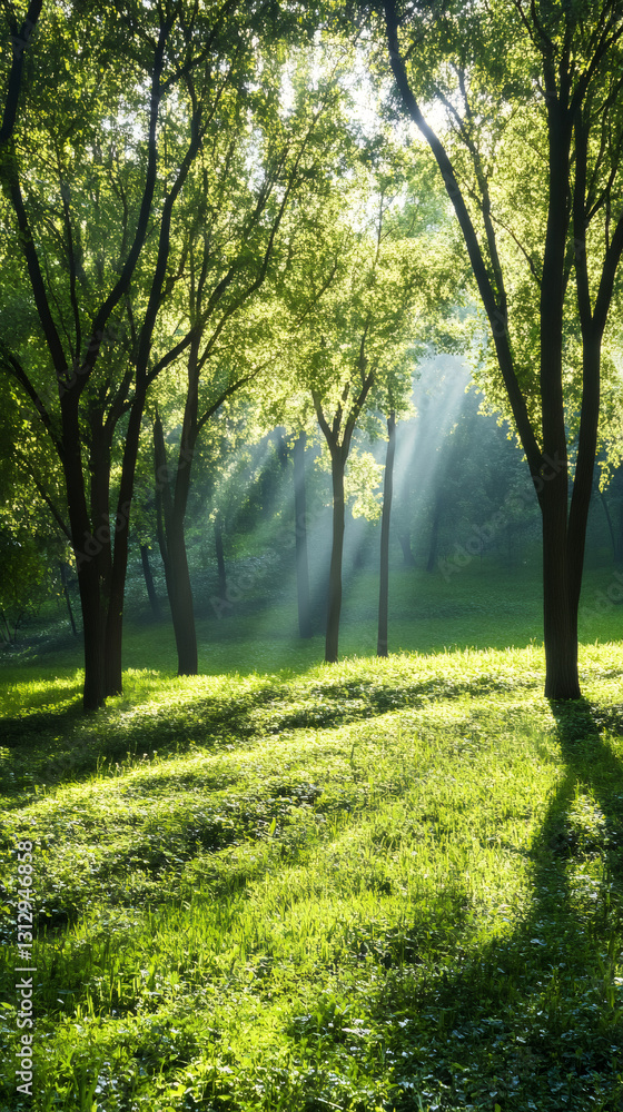Poster sunlight filtering through verdant woodland, casting golden rays and ethereal glow