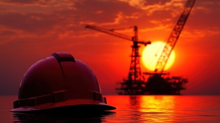 Fototapeta na wymiar A red hard hat and an oil rig in a sunset scene