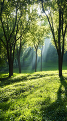 Obraz premium Sunlight filtering through verdant woodland, casting golden rays and ethereal glow