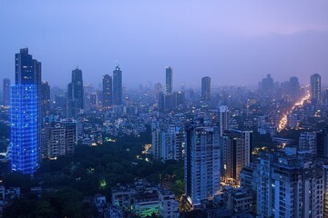 Twilight cityscape panorama, high-rise buildings, city lights, hazy sky.