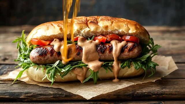 Gourmet hot dog sandwich on wooden table