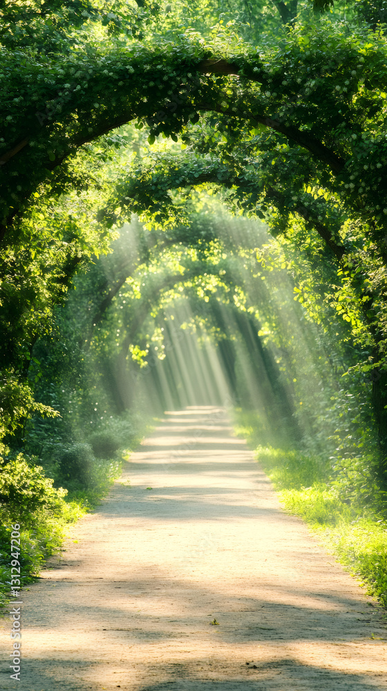 Fototapete sun rays filtering through a tunnel of lush green foliage, creating a magical atmosphere along a tra