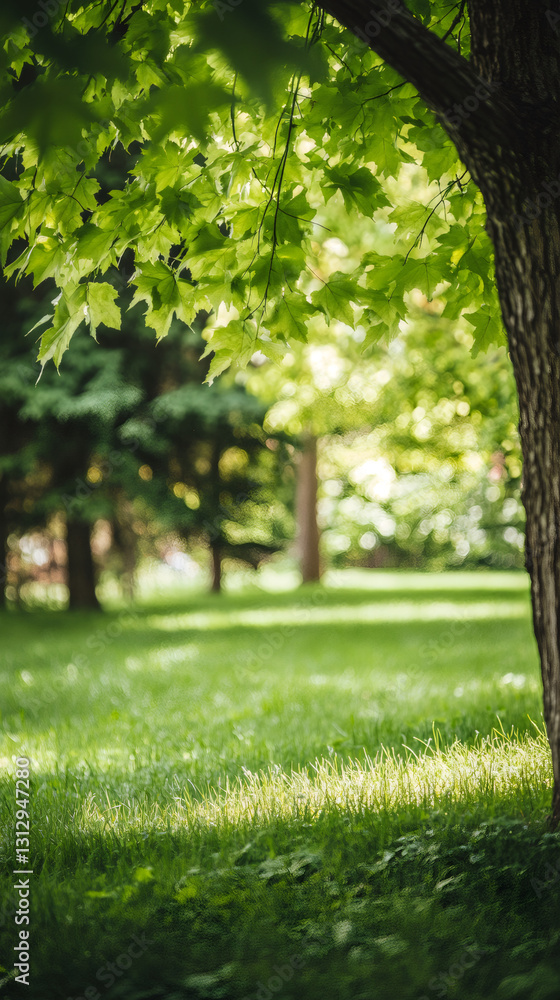 Poster green maple leaves filtering sunlight in a park during a sunny summer day, creating a peaceful and r