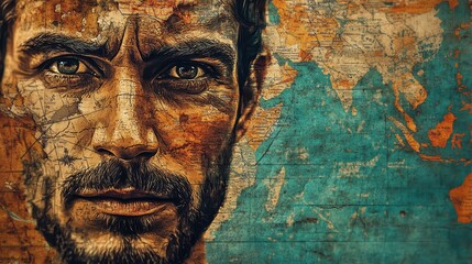 A detailed portrait of a man overlaying an aged world map
