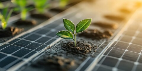 A young green plant grows in soil beside solar panels