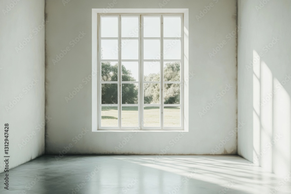 Poster sunlight floods a simple interior room through a large window, illuminating clean lines and showcasi
