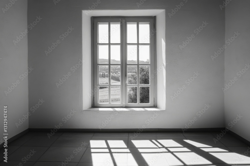 Poster bright sunlight filters through a large window, illuminating a minimalist room while creating striki