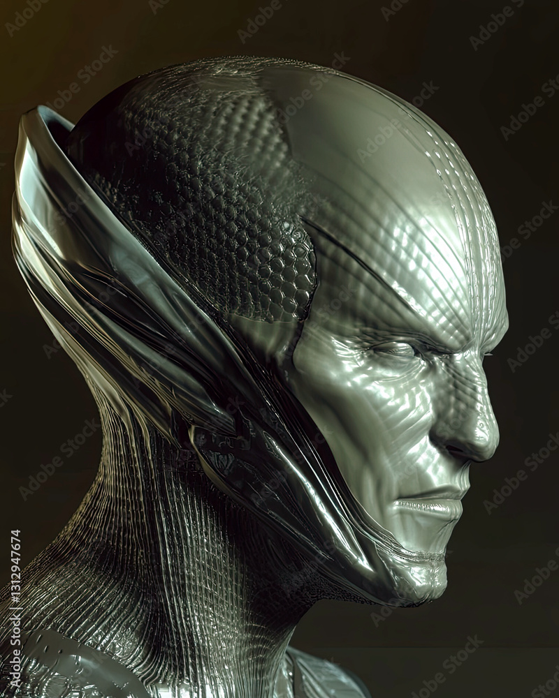 Poster holographic alien face with intricate textures, illuminated in surreal light