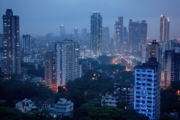 Fototapeta premium Twilight cityscape view of high-rise buildings and city lights.