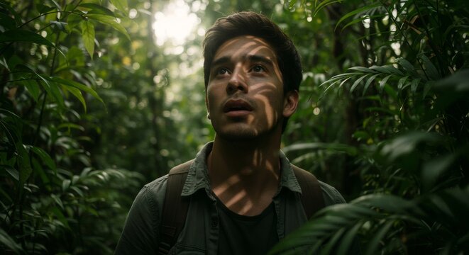 Man with face paint in dense jungle. Military survival training in tropical rainforest. Camouflage and stealth techniques for special forces. Adventure concept.