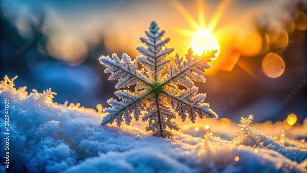 Poster glowing snowflake resting on snow with sunset background