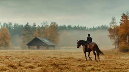 Lone Horse Rider Misty Autumn Landscape Rustic Barn