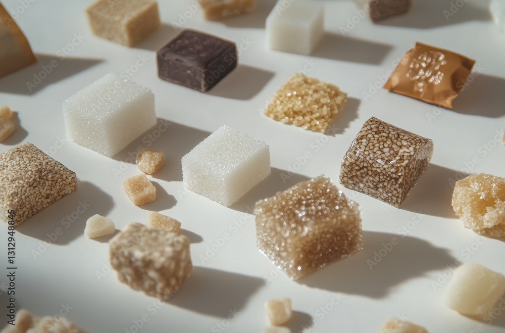 Poster assorted sugar cubes and crystals in various colors arranged on a white surface for culinary and foo