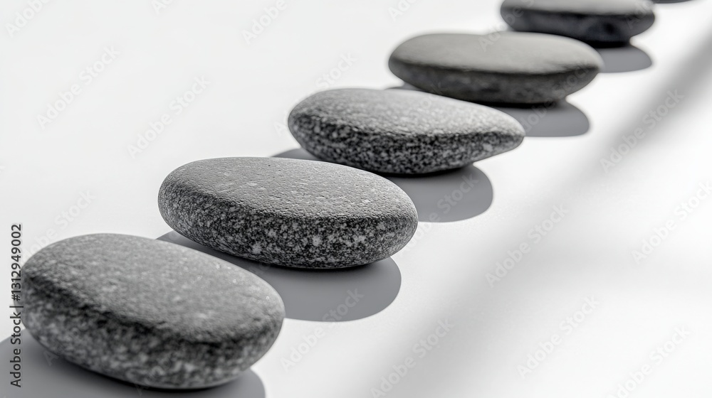 Poster smooth gray stones arranged in a line on a minimalist surface, casting soft shadows