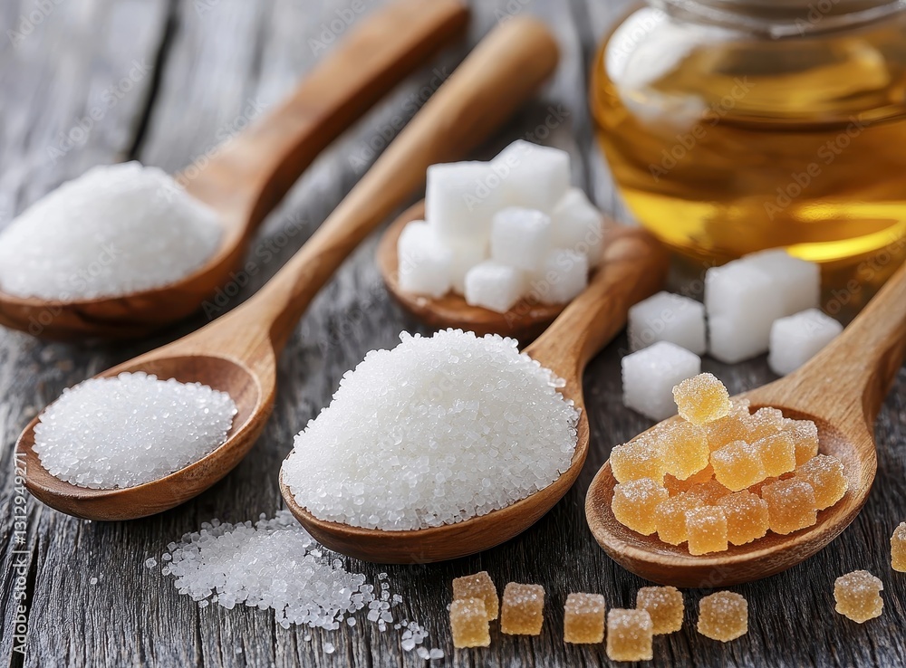 Poster assorted types of sugar in wooden spoons with honey on rustic wooden background for culinary and bak